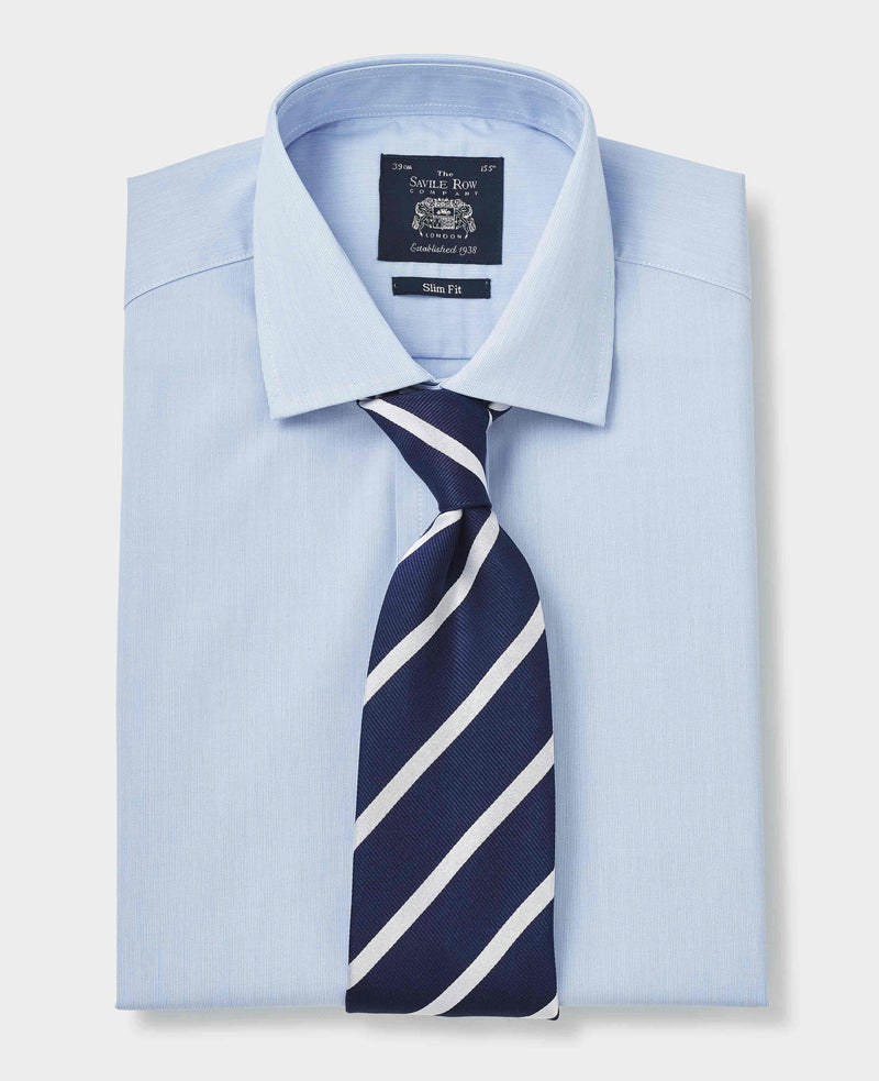 Men's Blue Fine Stripe Slim Fit Formal Shirt With Single Cuffs