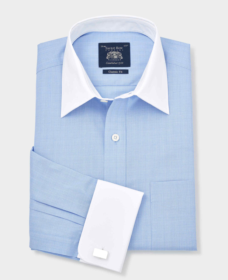 Blue White Prince of Wales Check Classic Fit Formal Shirt With White Collar & Cuffs - Double Cuff