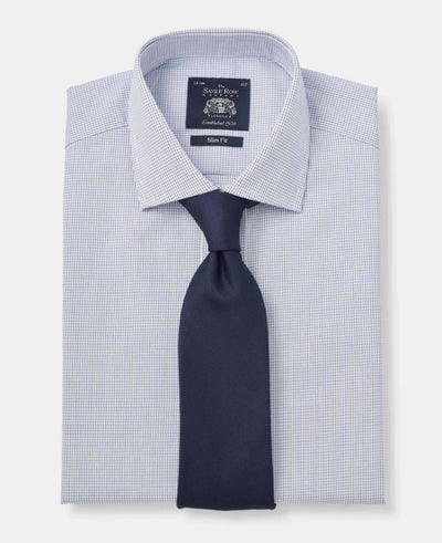 Men's White Blue Micro Check Slim Fit Formal Shirt With Double Cuffs