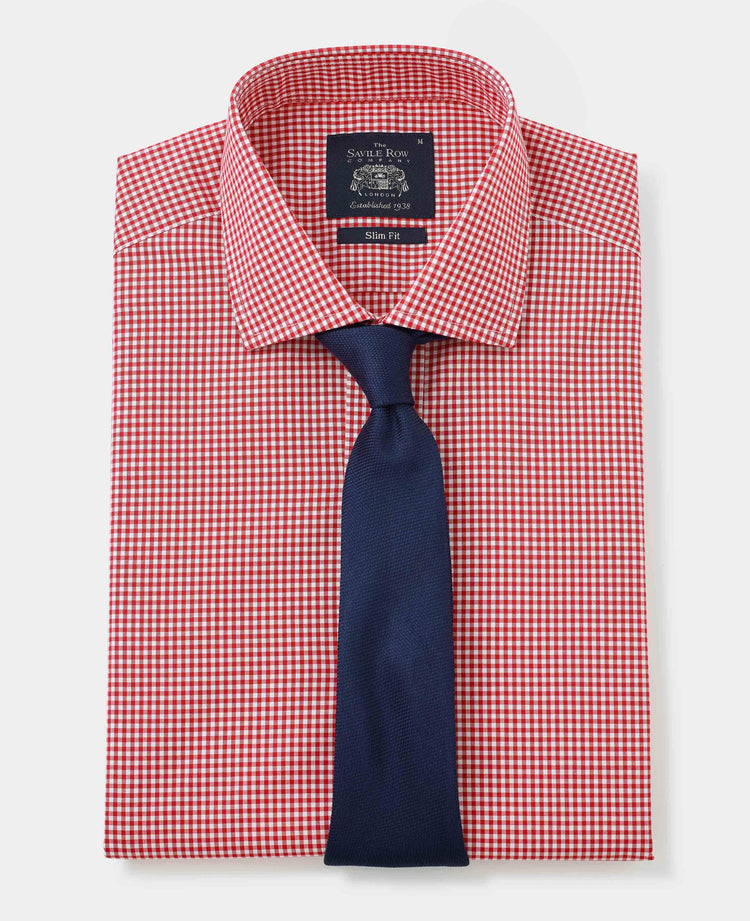 Men's Red White Gingham Slim Fit Formal Shirt With Single Cuffs