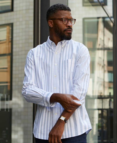 Men's Blue White Variegated Stripe Oxford Casual Shirt