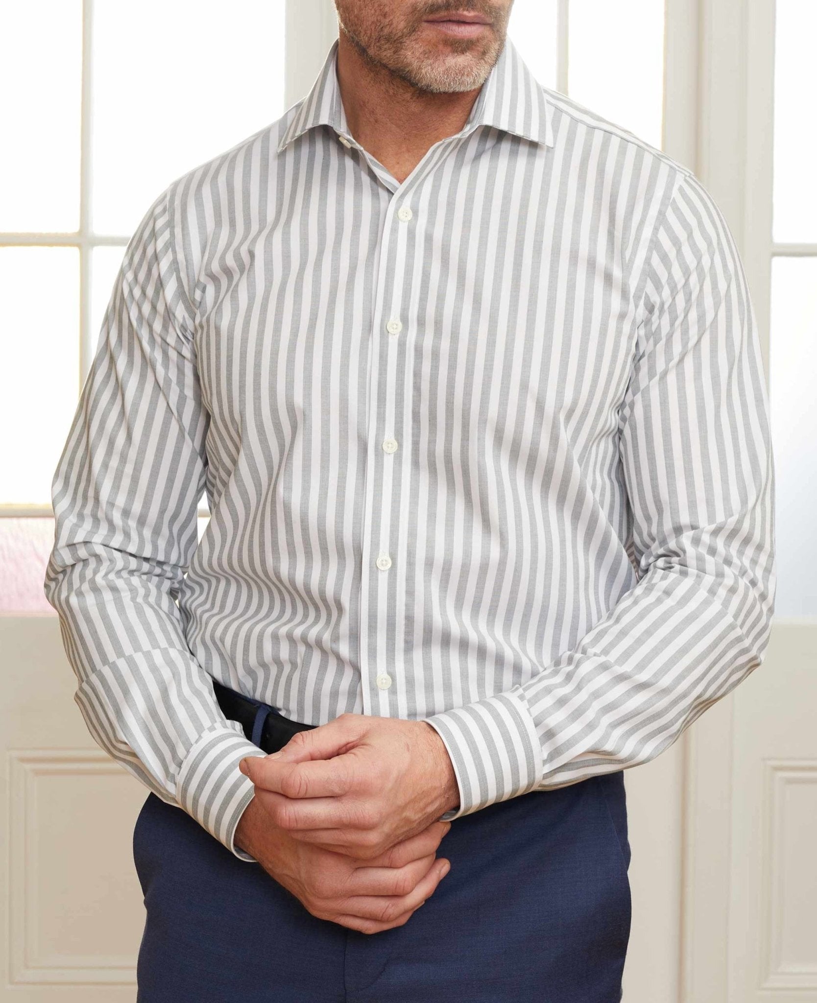 grey and white striped dress shirt Gray striped business shirt