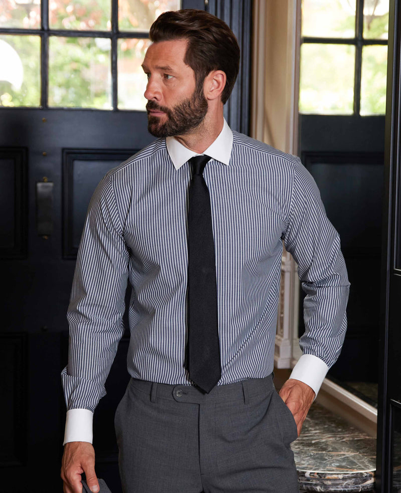 Dark Navy Reverse Stripe Slim Fit Formal Shirt - White Double cuffs & Collar