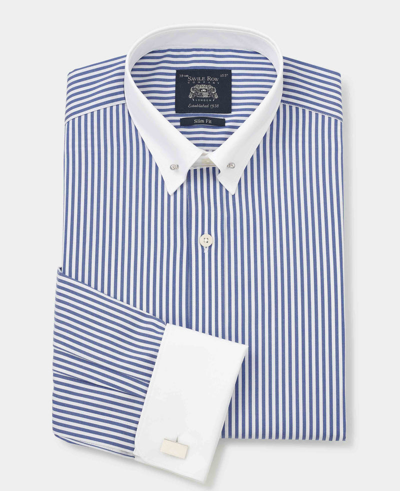 Blue Bengal Stripe Slim Fit Pin Collar Formal Shirt - White Double cuffs & Collar