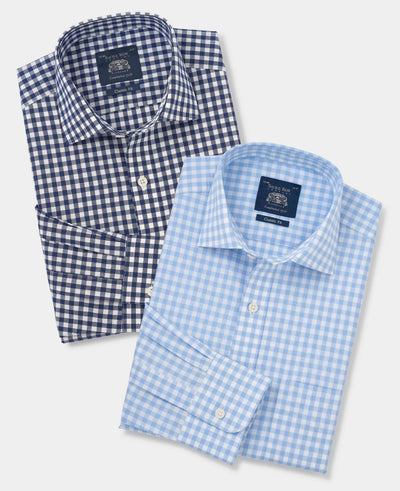 2pk Navy Blue Gingham Classic Fit Formal Shirts
