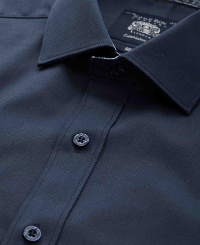 Navy Cotton Dobby Slim Fit Formal Shirt With Paisley Trim - Single Cuff