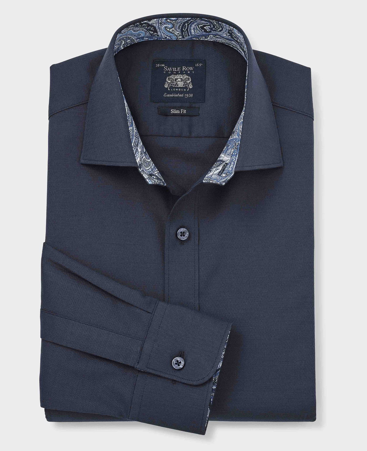 Navy Cotton Dobby Slim Fit Formal Shirt With Paisley Trim - Single Cuff