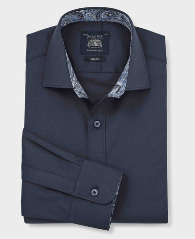 Navy Cotton Dobby Slim Fit Formal Shirt With Paisley Trim - Single Cuff