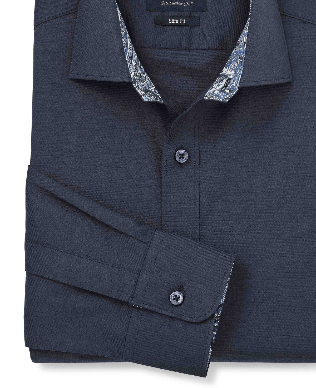 Navy Cotton Dobby Slim Fit Formal Shirt With Paisley Trim - Single Cuff