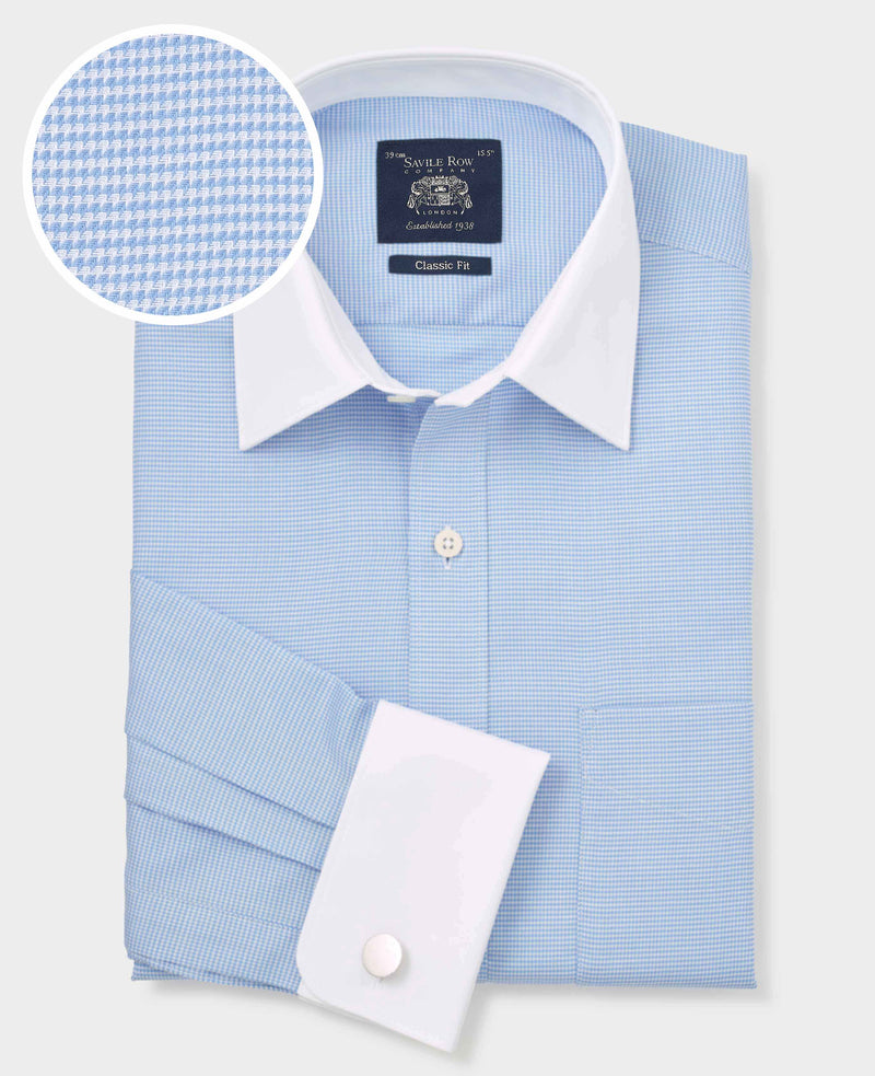 Blue Textured Cotton Puppytooth Classic Fit Winchester Formal Shirt - Double Cuff