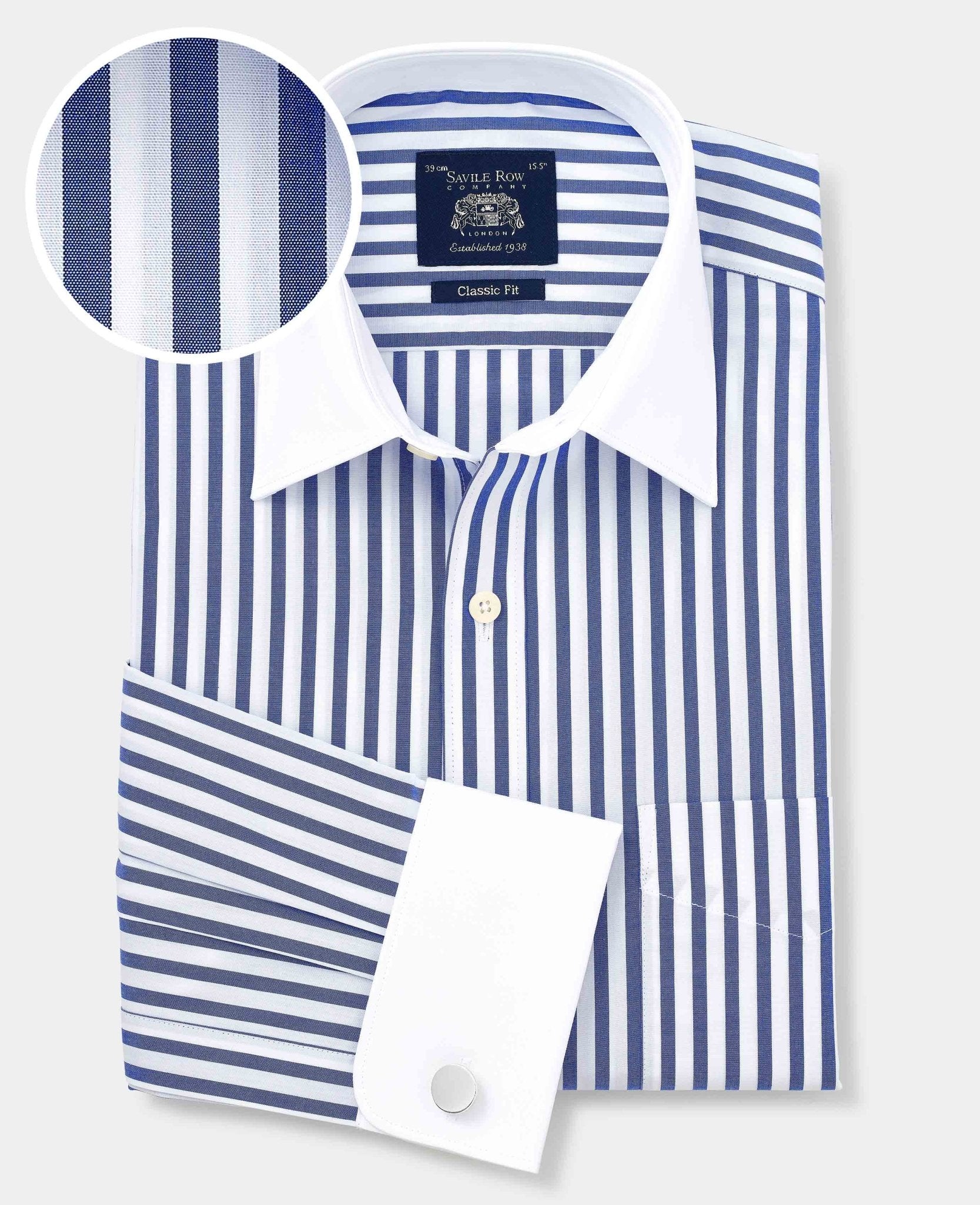 Men's Blue White Cotton Striped Classic Fit Winchester Formal Shirt With Double Cuffs | Savile Row Company Men's Blue White Cotton Striped Classic Fit Winchester Formal Shirt With Double Cuffs | Savile Row Company