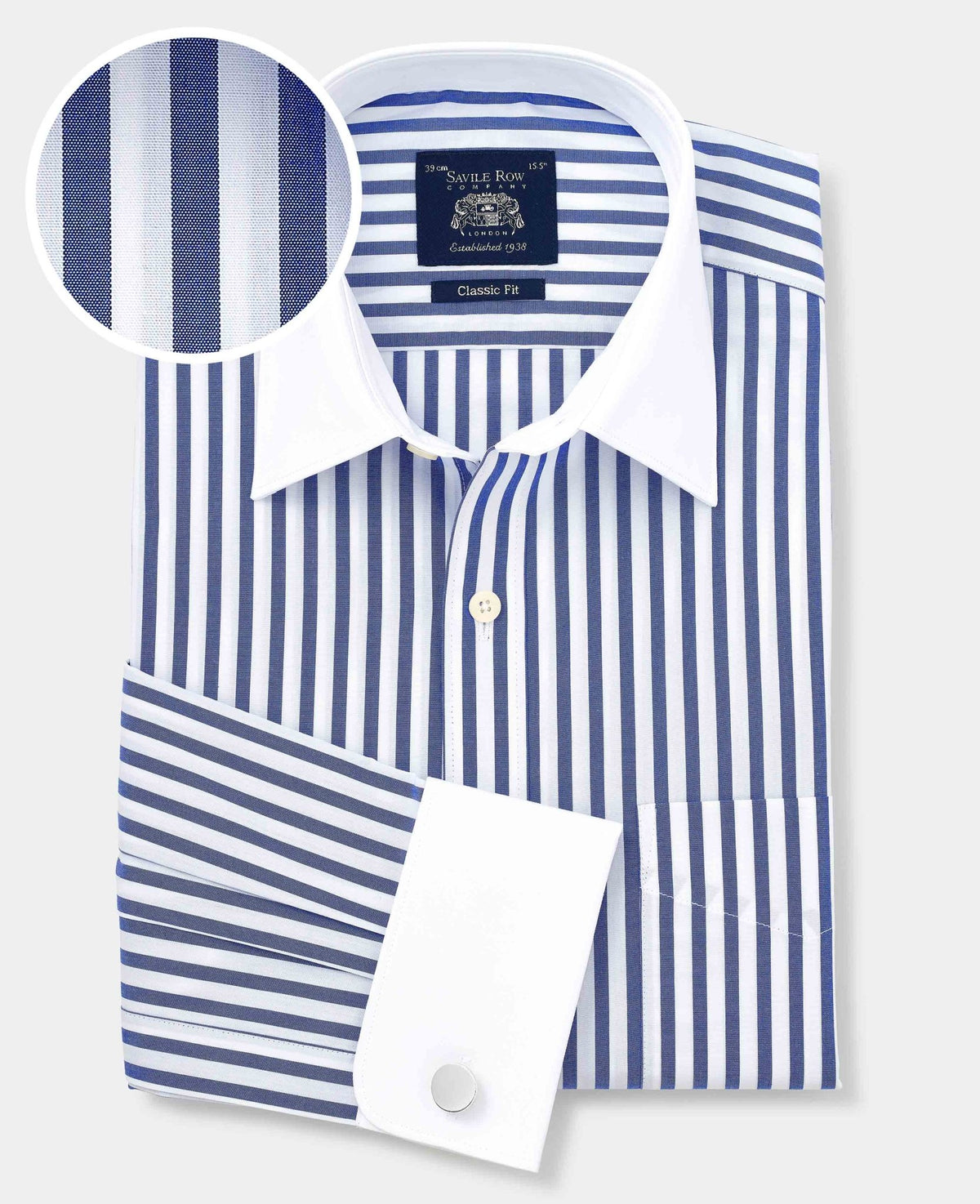 Men's Blue White Cotton Striped Classic Fit Winchester Formal Shirt With Double Cuffs with fabric swatch