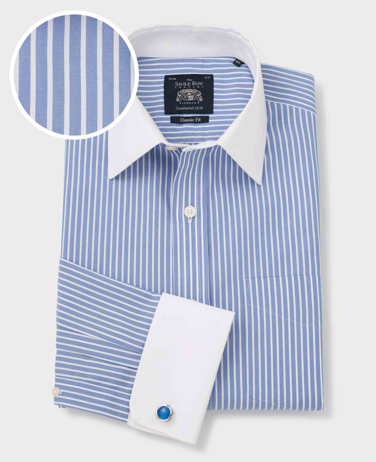 Men's Blue White Stripe Non-Iron Classic Fit Winchester Formal Shirt With Double Cuffs with fabric swatch