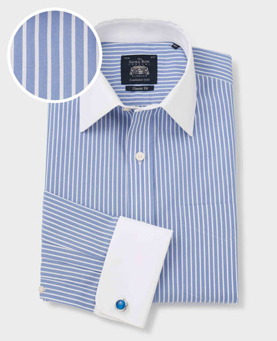 Blue White Stripe Classic Fit Non-Iron Formal Shirt With White Collar & Cuffs - Double Cuff