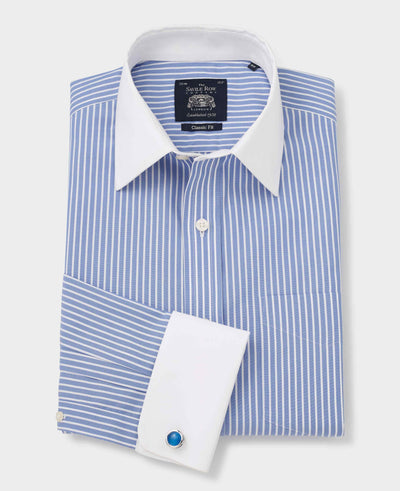Men's Blue White Stripe Non-Iron Classic Fit Winchester Formal Shirt With Double Cuffs