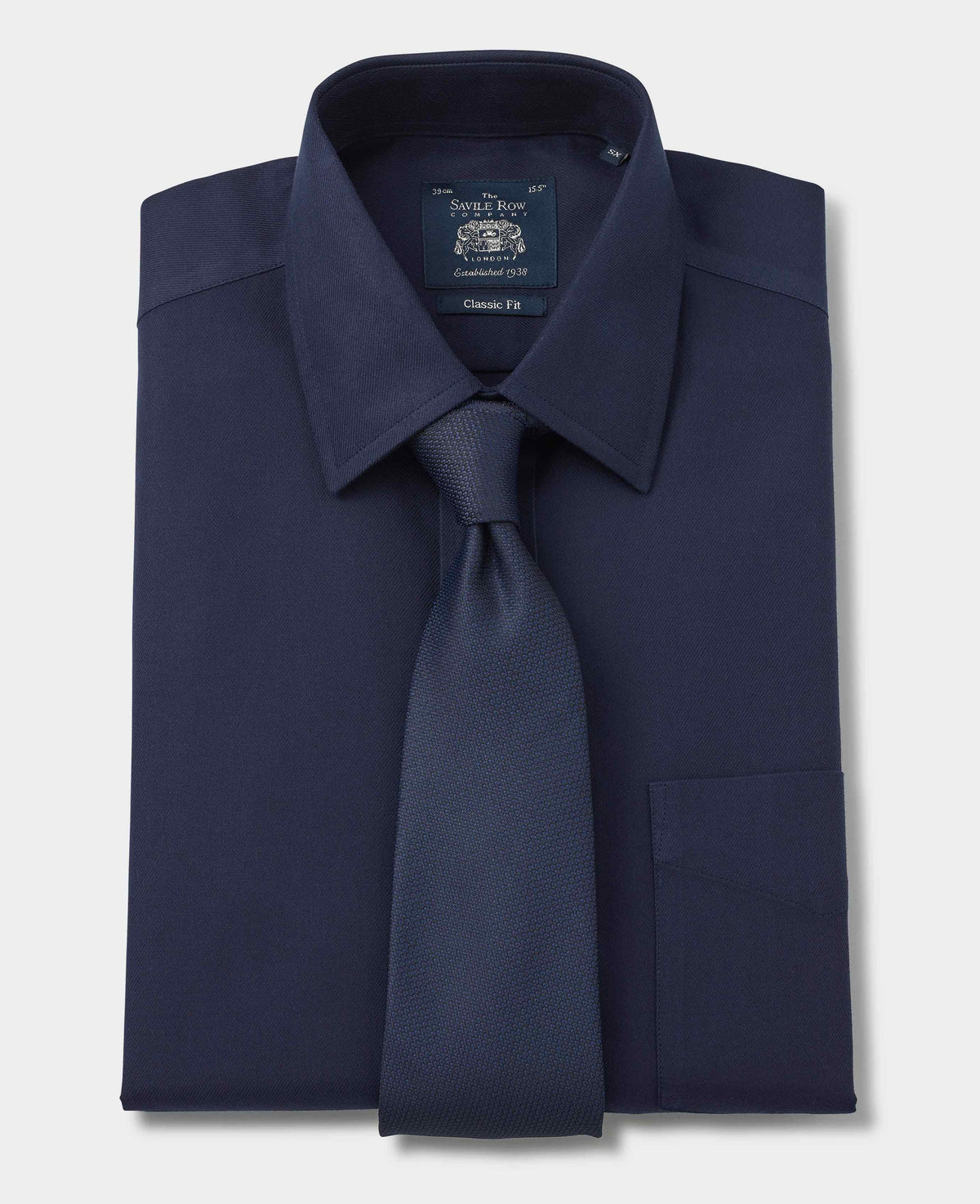 Men's Navy Twill Classic Fit Non-Iron Formal Shirt With Single Cuffs folded with tie