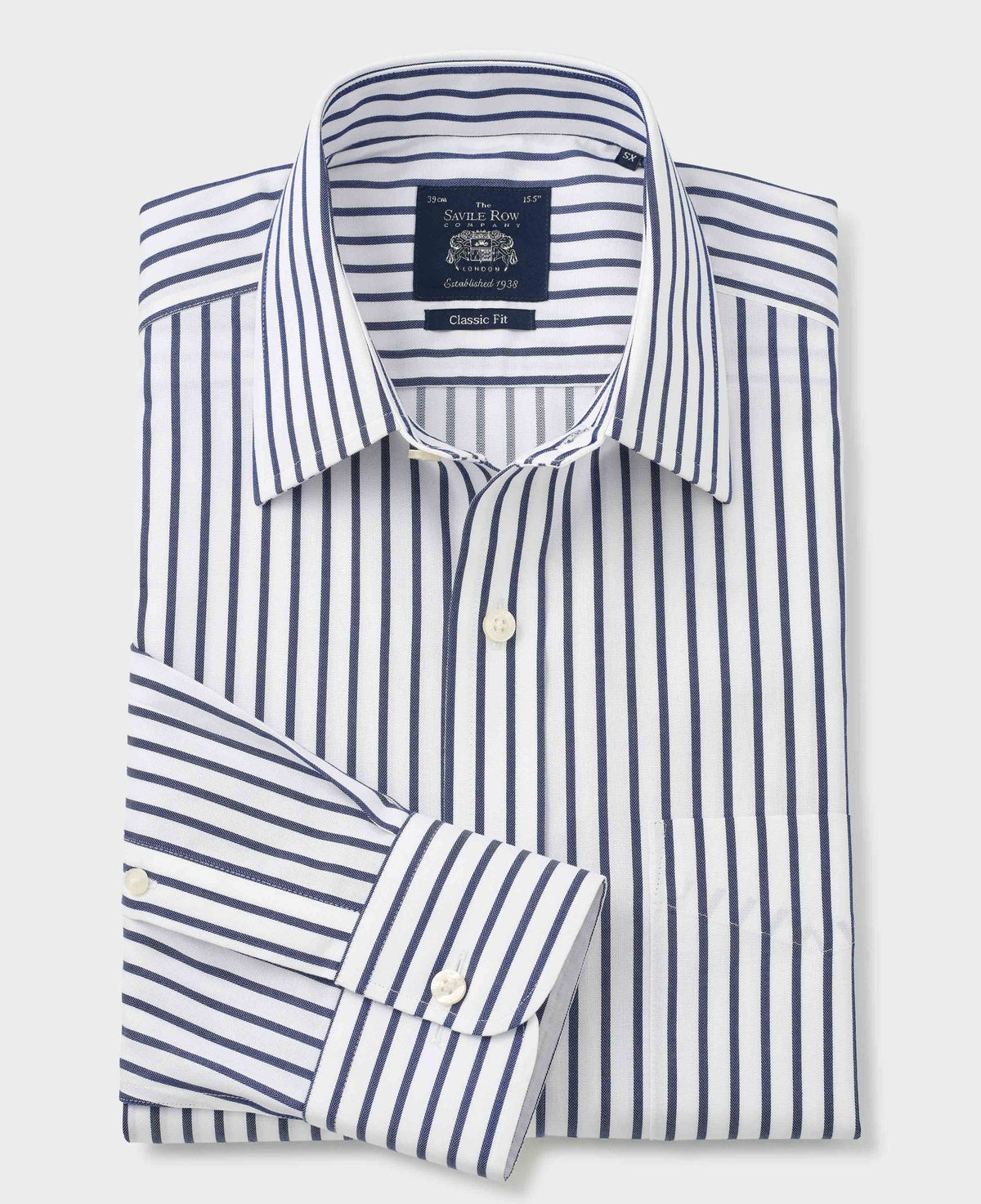 Men's White Navy Striped Cotton Classic Fit Non-Iron Formal Shirt With Single Cuffs folded