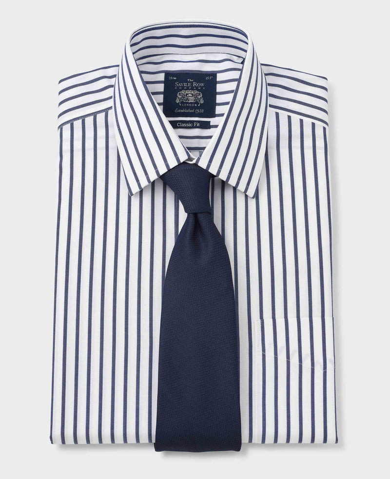 White Navy Stripe Classic Fit Non-Iron Shirt - Single Cuff