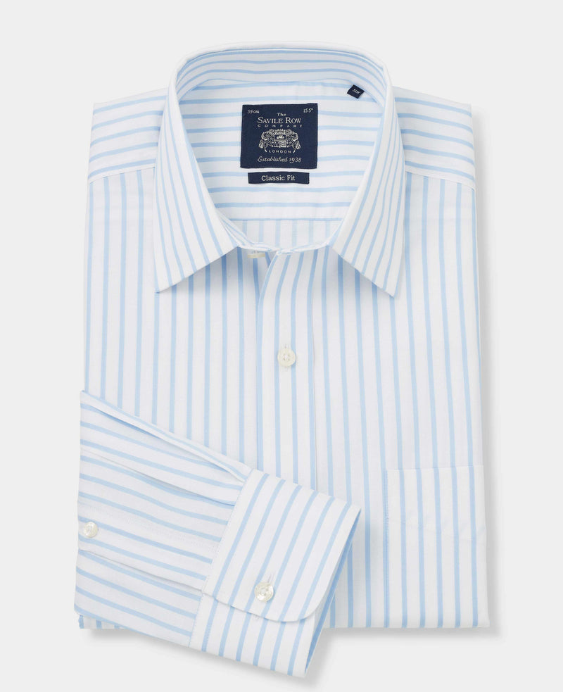 White Sky Blue Stripe Classic Fit Non-Iron Shirt - Single Cuff