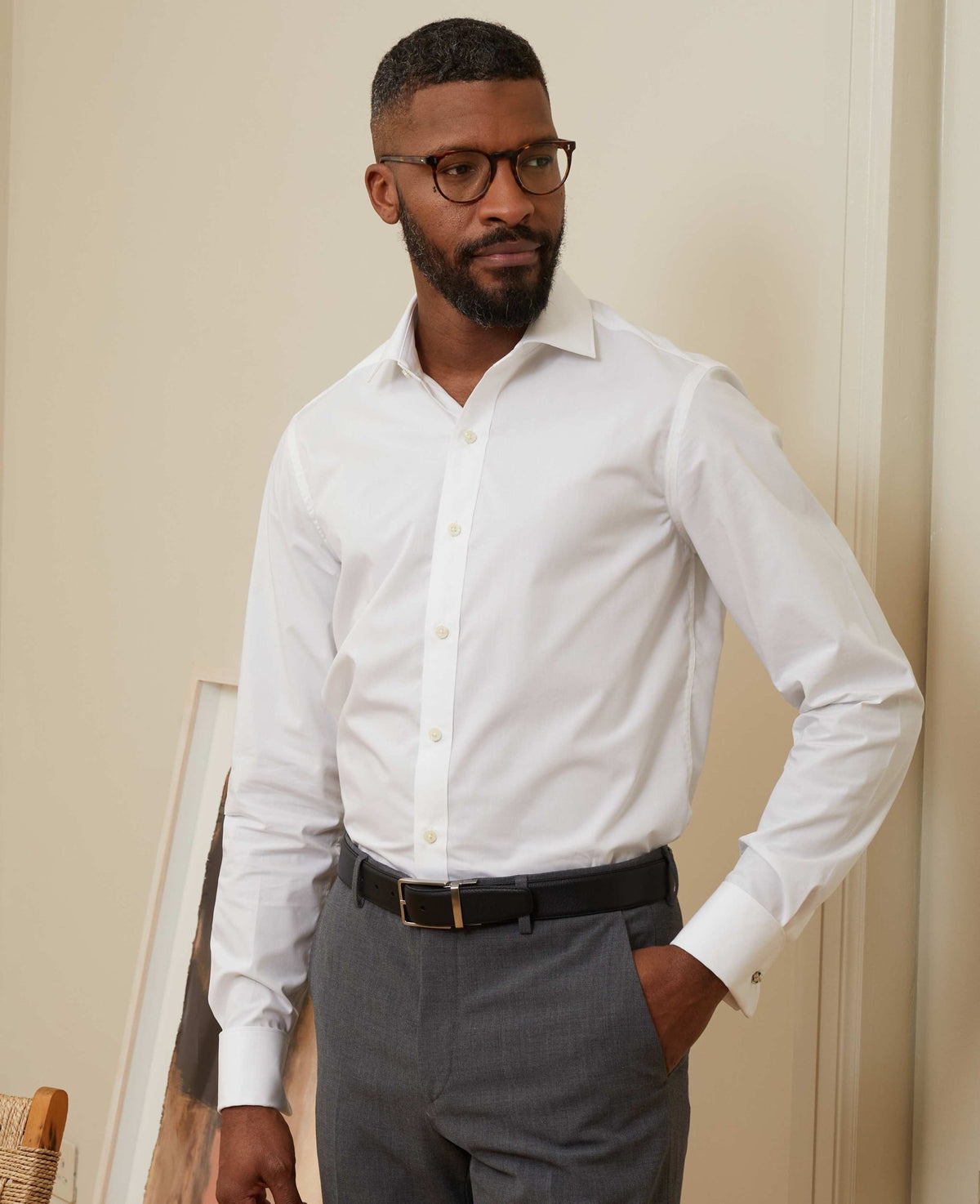 White Slim Fit Cotton Poplin Formal Shirt - Double Cuff Model image