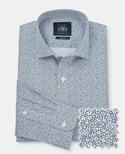 Navy White Stretch Cotton Printed Slim Fit Casual Shirt [RTC]