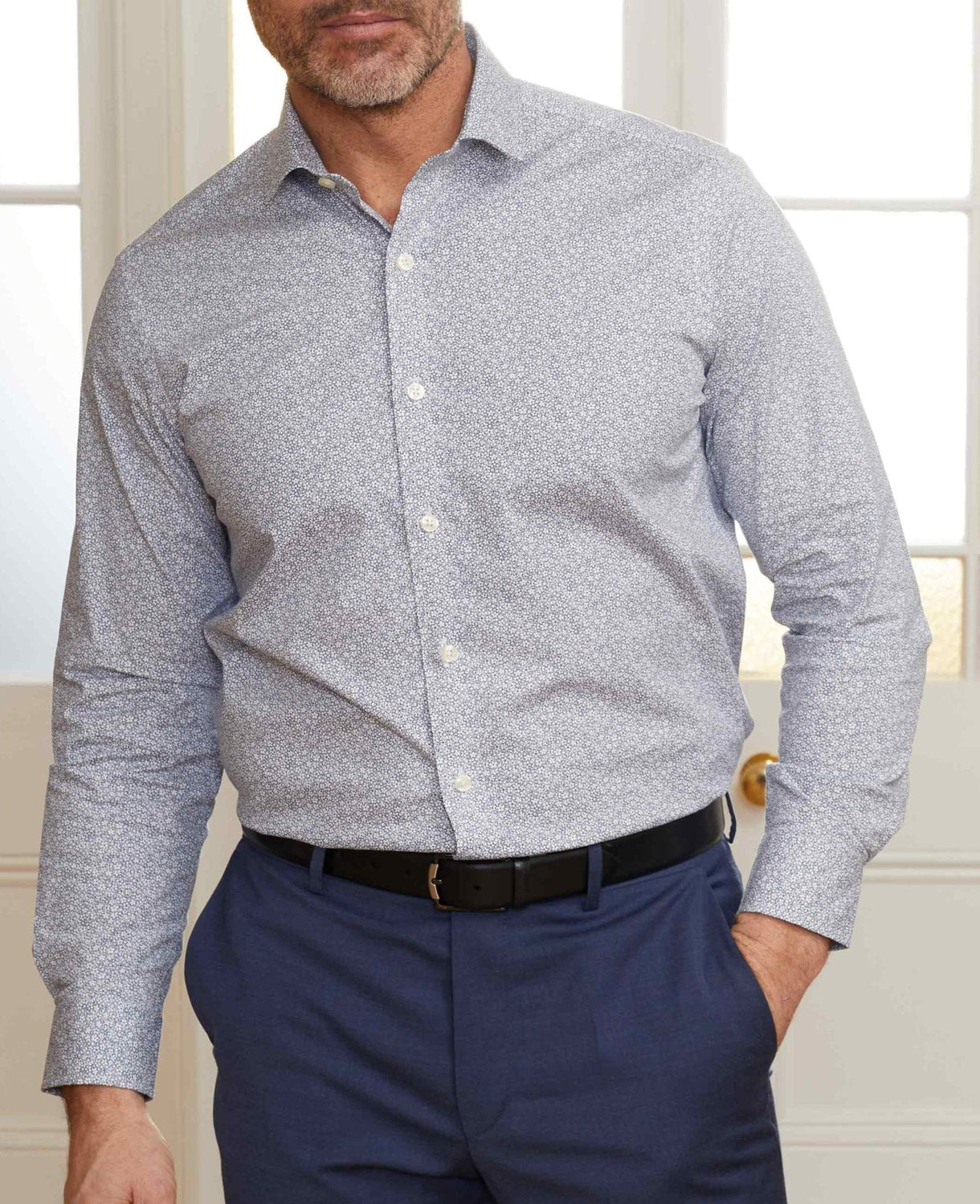 Men's Navy Printed Stretch Cotton Casual Shirt