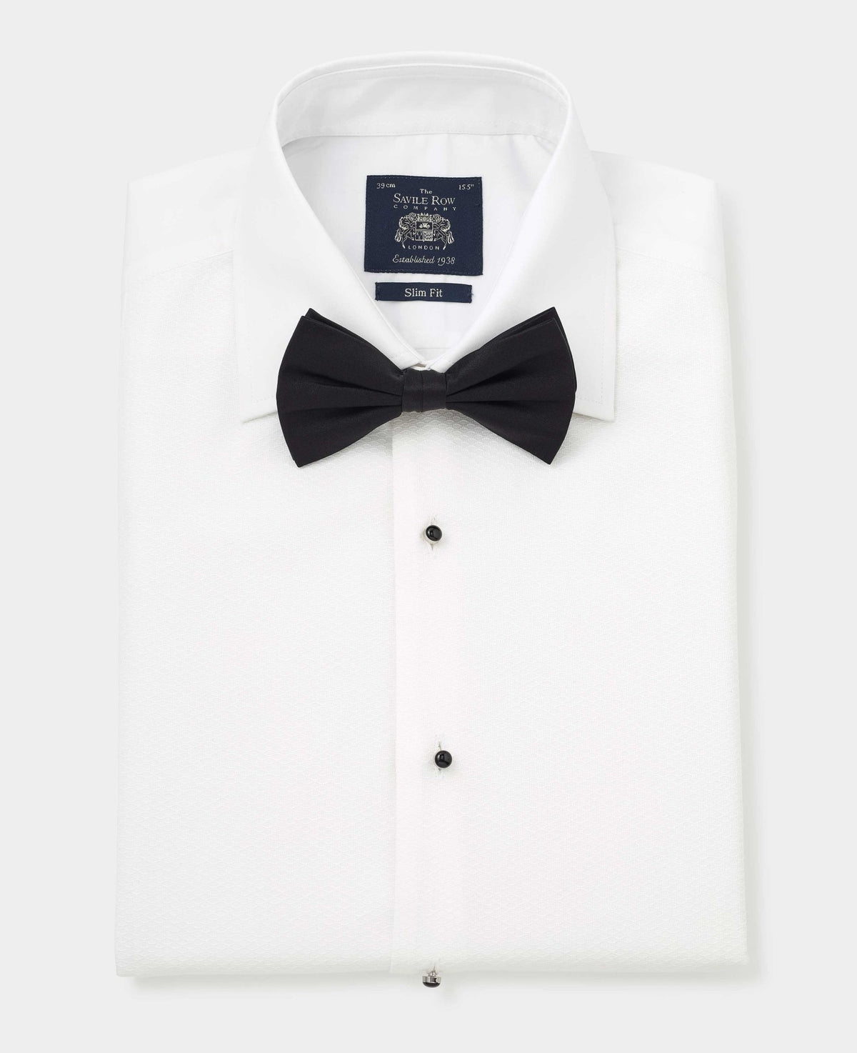 Men's White Marcella Bib Front Dinner Shirt & Dress Stud Set folded with bow tie