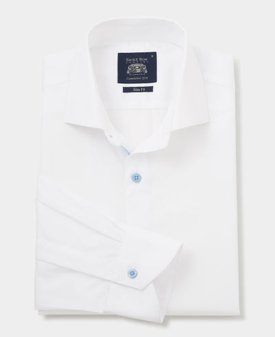 White Slim Fit Blue Button Smart-Casual Shirt - Single Cuff