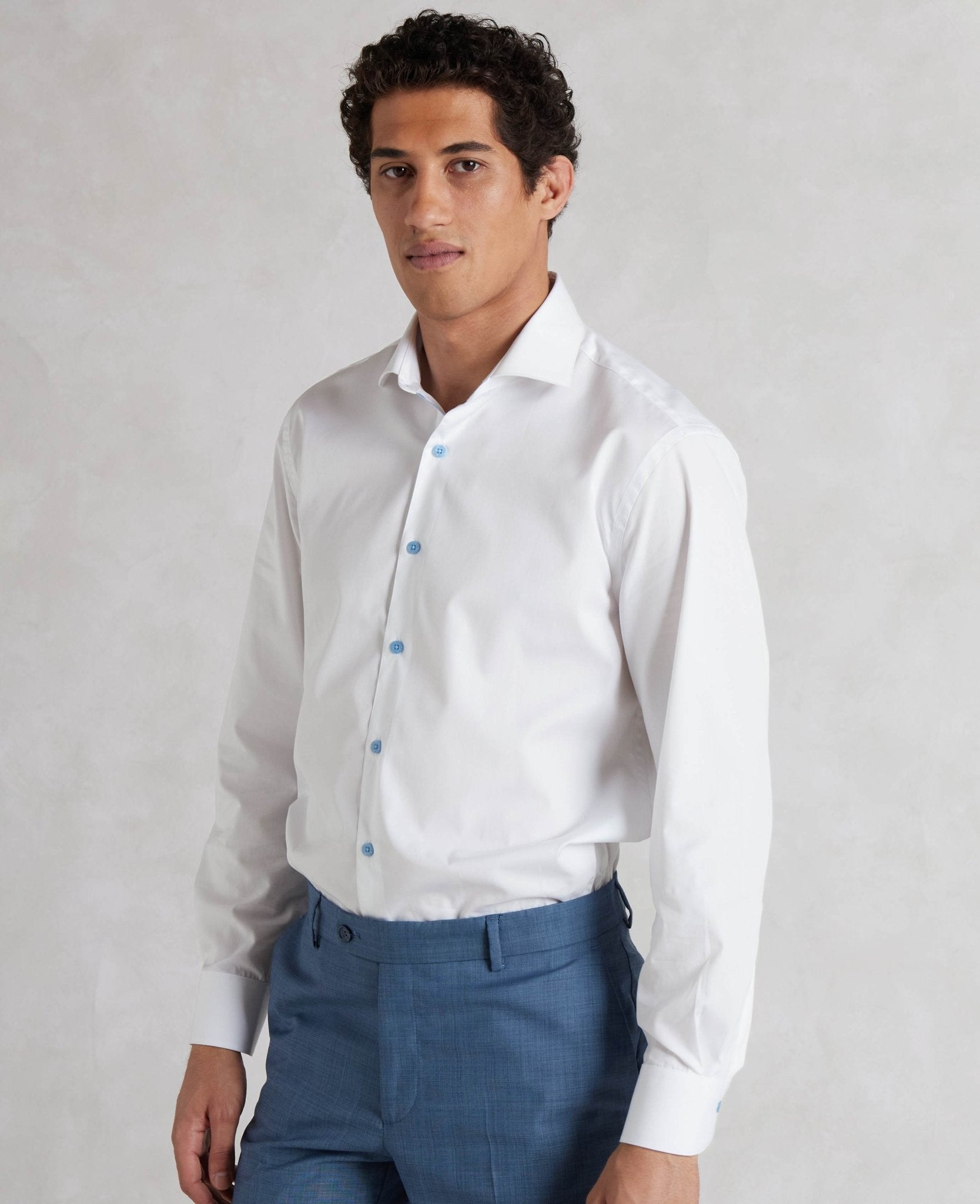 mens white dress shirt with blue buttons White dress shirt with navy dots