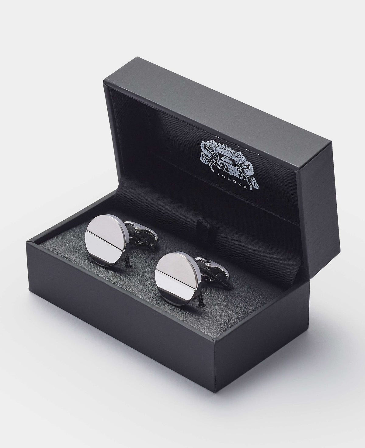 Men's Silver Rhodium Plated Circle Cufflinks in box