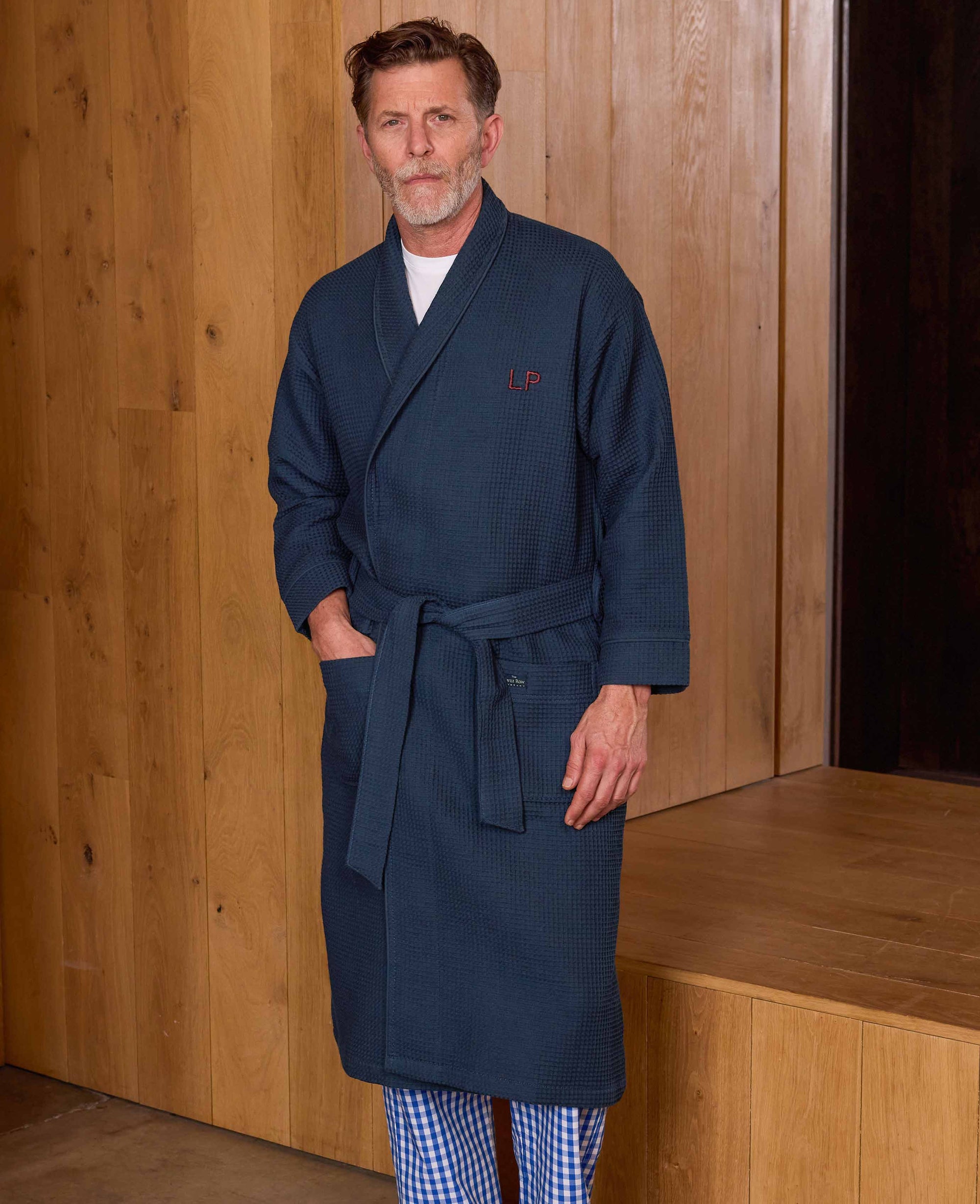 Men's Navy Cotton Waffle Dressing Gown With Fleece Lining | Savile Row Company Men's Navy Cotton Waffle Dressing Gown With Fleece Lining | Savile Row Company