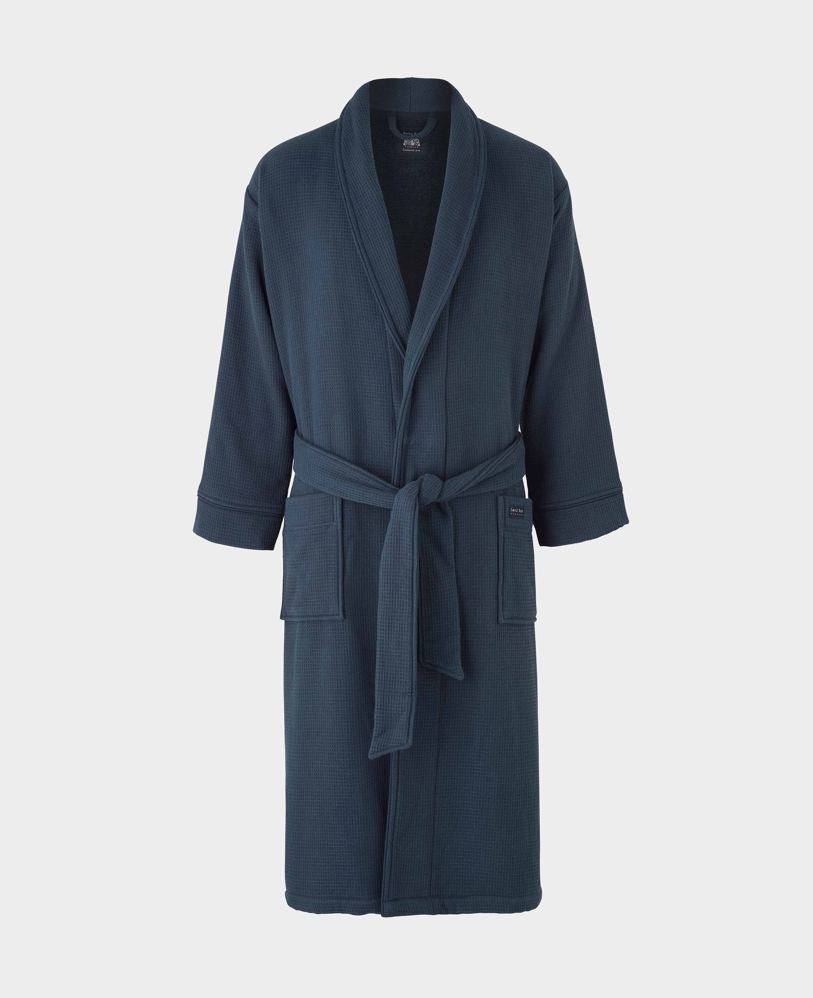 Men s Navy Cotton Waffle Dressing Gown With Fleece Lining Savile Row Company