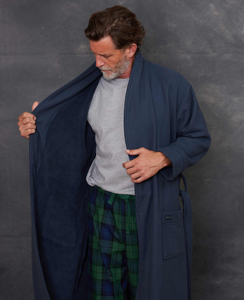 Navy Cotton Waffle Dressing Gown With Fleece Lining