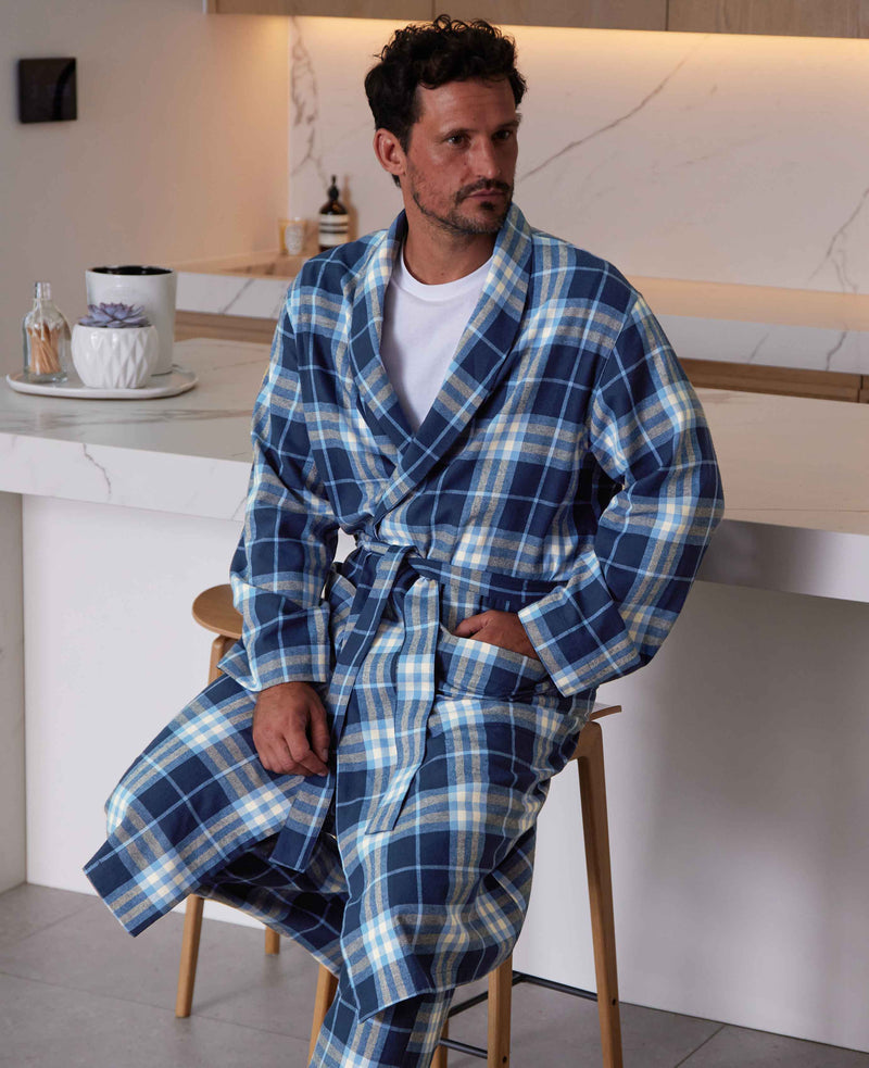 Blue Check Brushed Cotton Dressing Gown