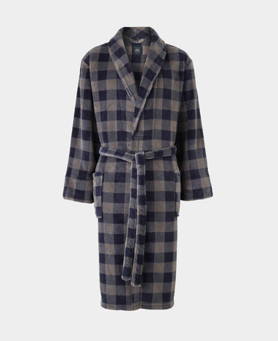 Navy Charcoal Check Snuggle Fleece Dressing Gown