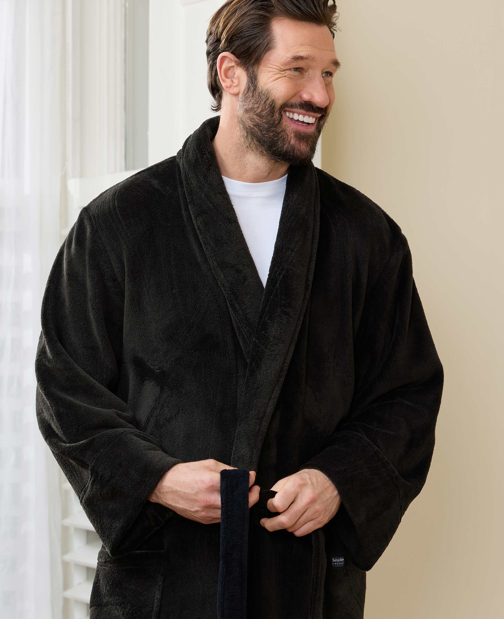 SUKU  DRESSING GOWN ブラック S Ｍ Men's Black Super Soft Fleece Dressing Gown | Savile Row Company