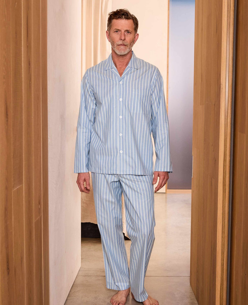 Pale Blue Cotton Twill Wide Stripe Pyjamas