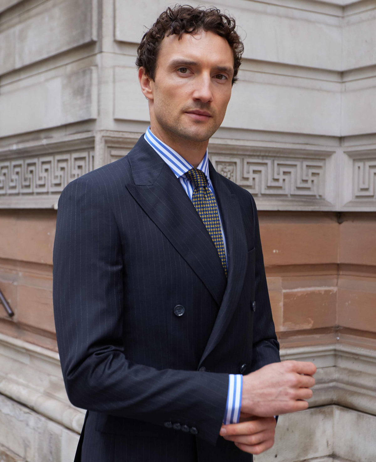 Men's Navy Stripe Double-Breasted Suit - One Size model shot