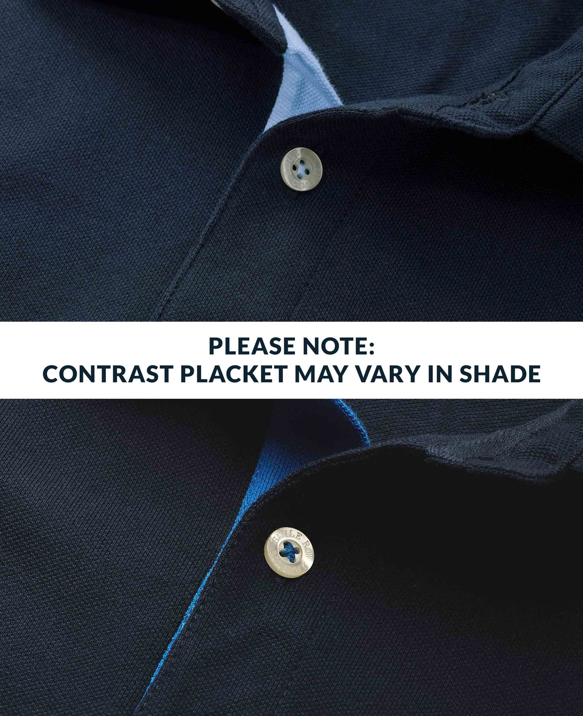 Close-up of a navy shirt with a button and contrasting placket, with text indicating color variation.