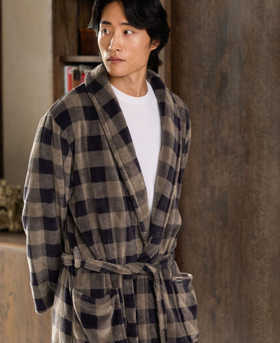 Beige Navy Check Snuggle Fleece Dressing Gown