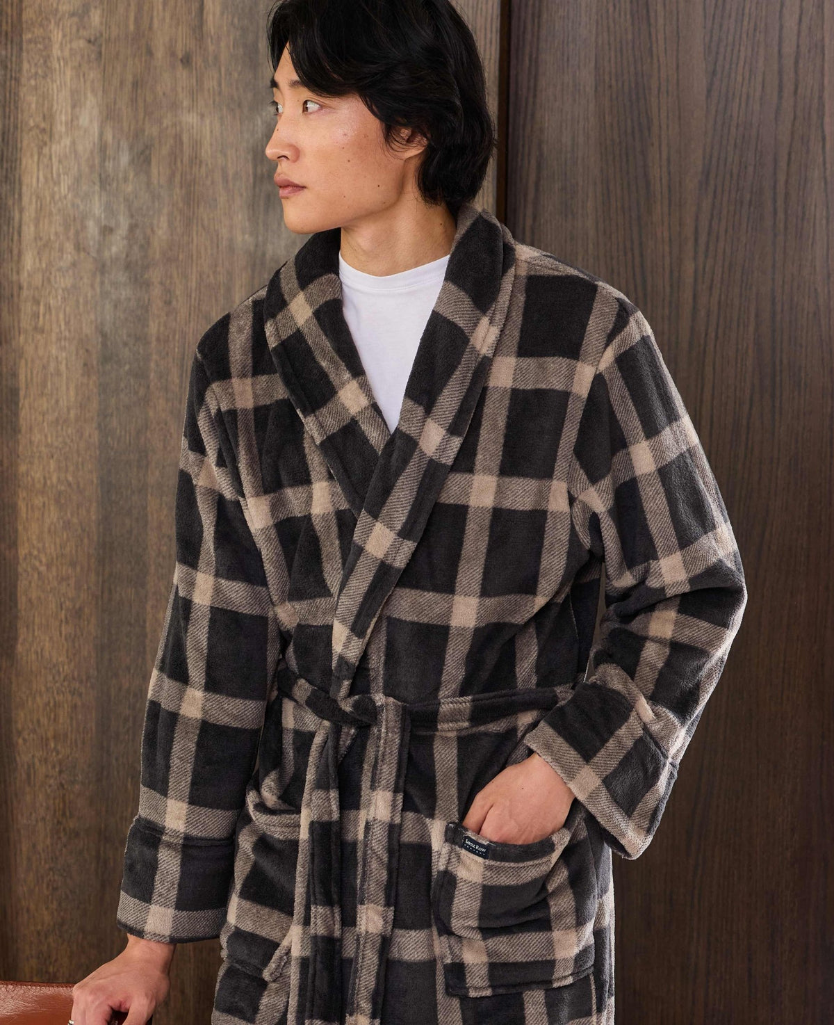 Beige Navy Check Snuggle Fleece Dressing Gown