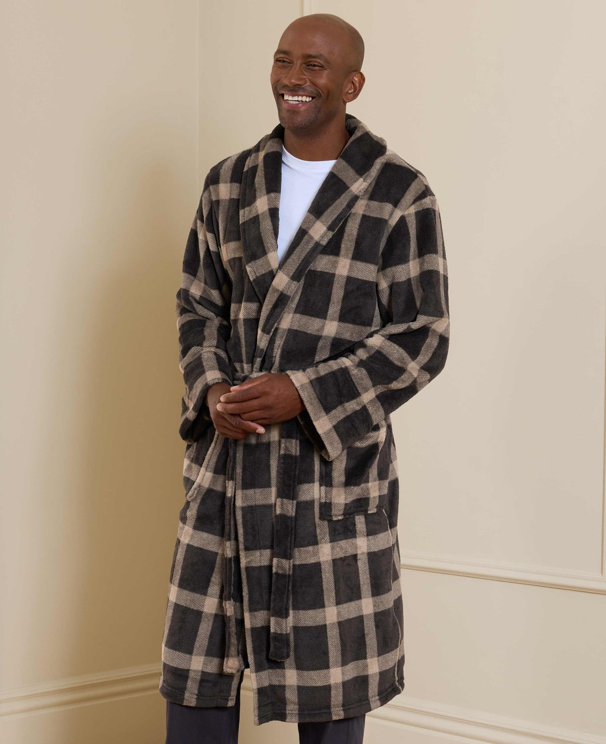 Beige Navy Check Snuggle Fleece Dressing Gown