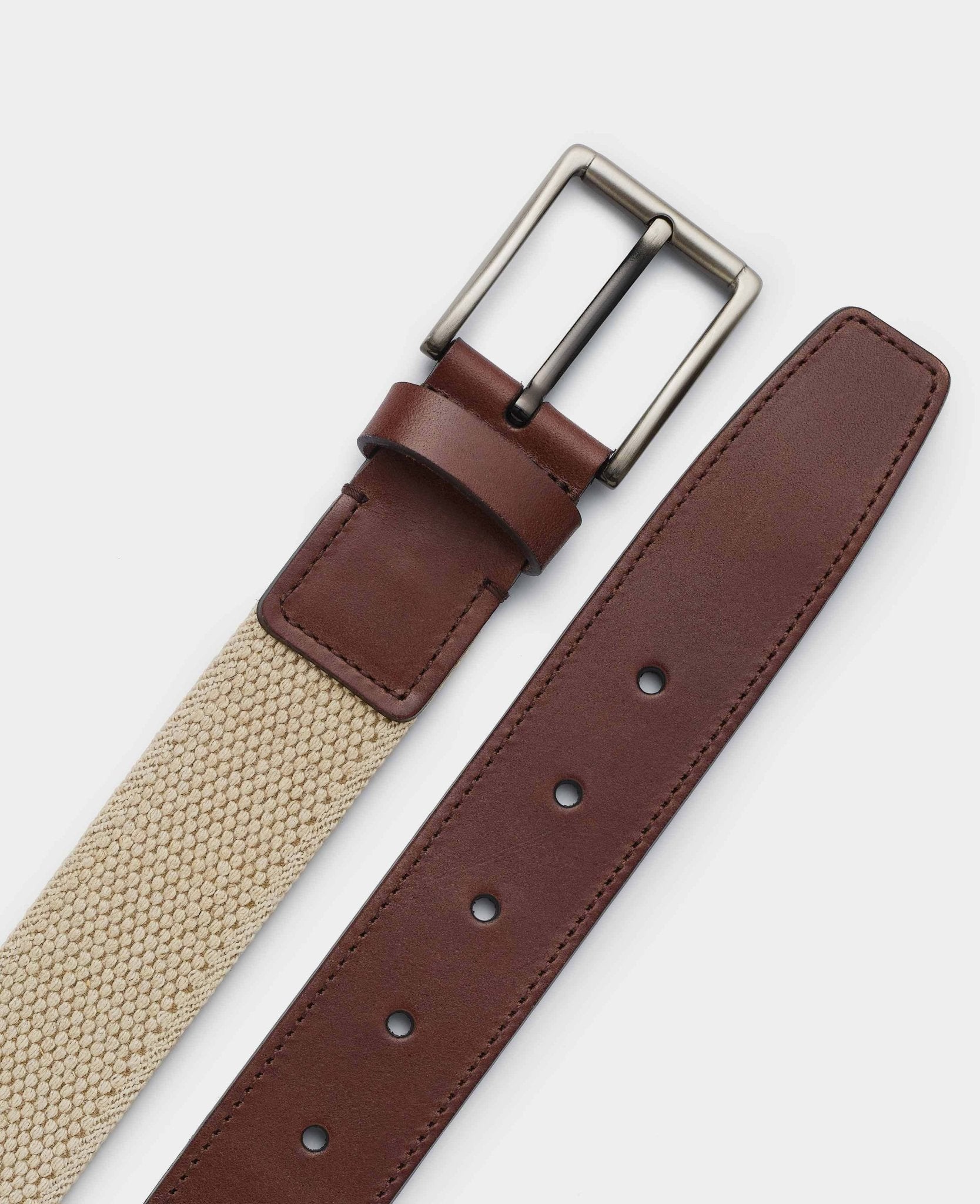 Beige Stretch Woven Belt With Leather Tip, view 1