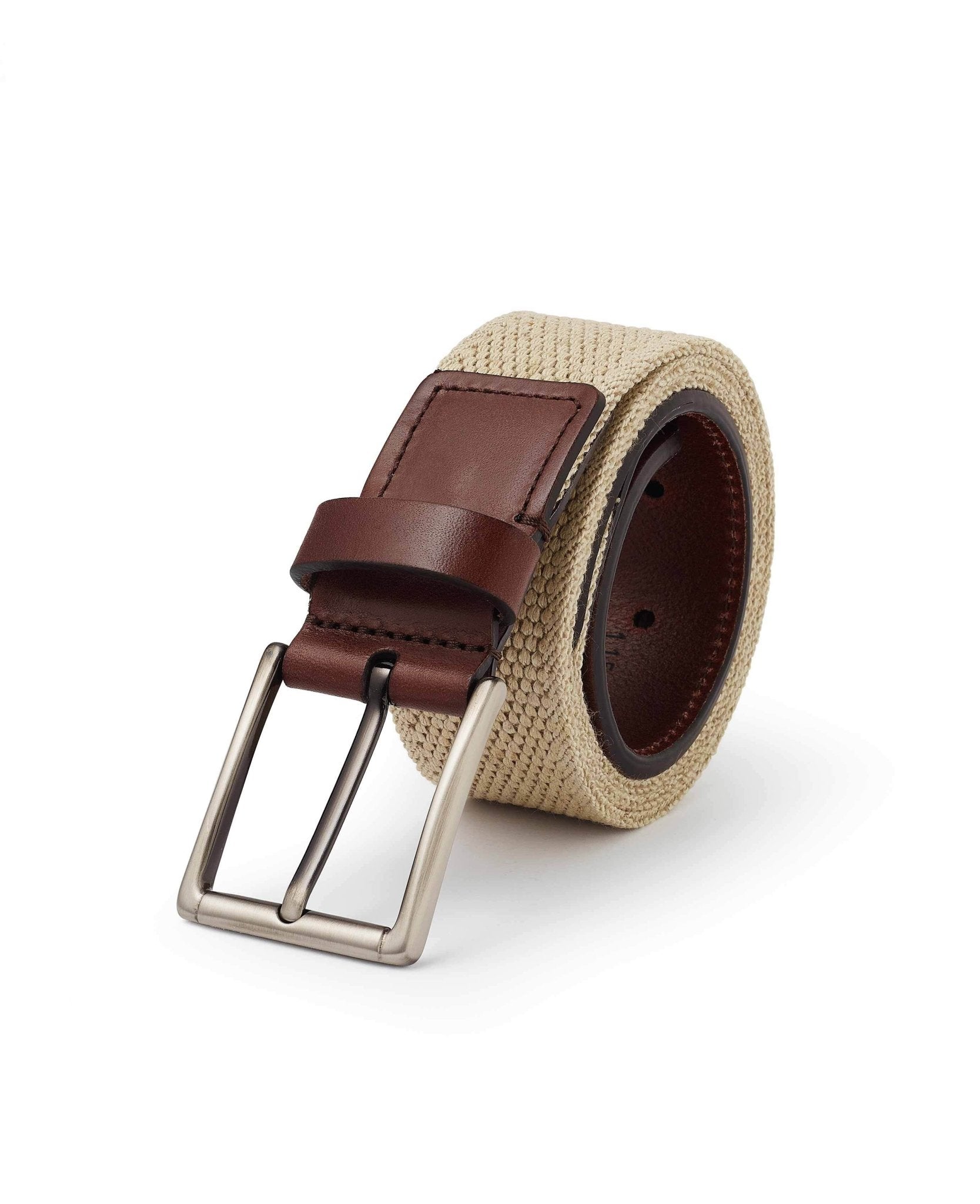 Beige Stretch Woven Belt With Leather Tip, view 2