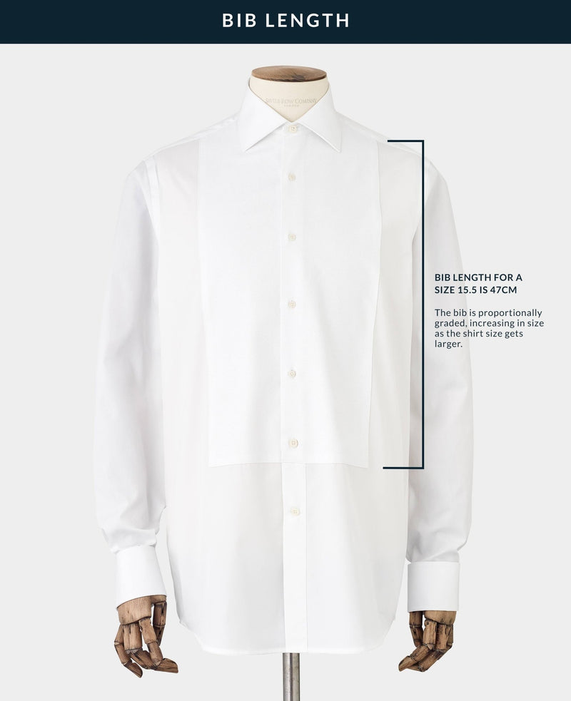 Men's White Marcella Bib Front Slim Fit Evening Formal Shirt With Double Cuffs bib length explanation