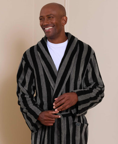 Black Charcoal Blue Bold Stripe Snuggle Fleece Dressing Gown