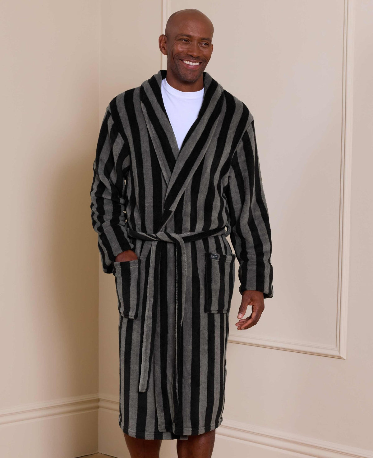 Black Charcoal Blue Bold Stripe Snuggle Fleece Dressing Gown