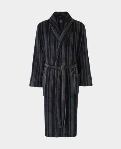 Black Charcoal Blue Stripe Snuggle Fleece Dressing Gown