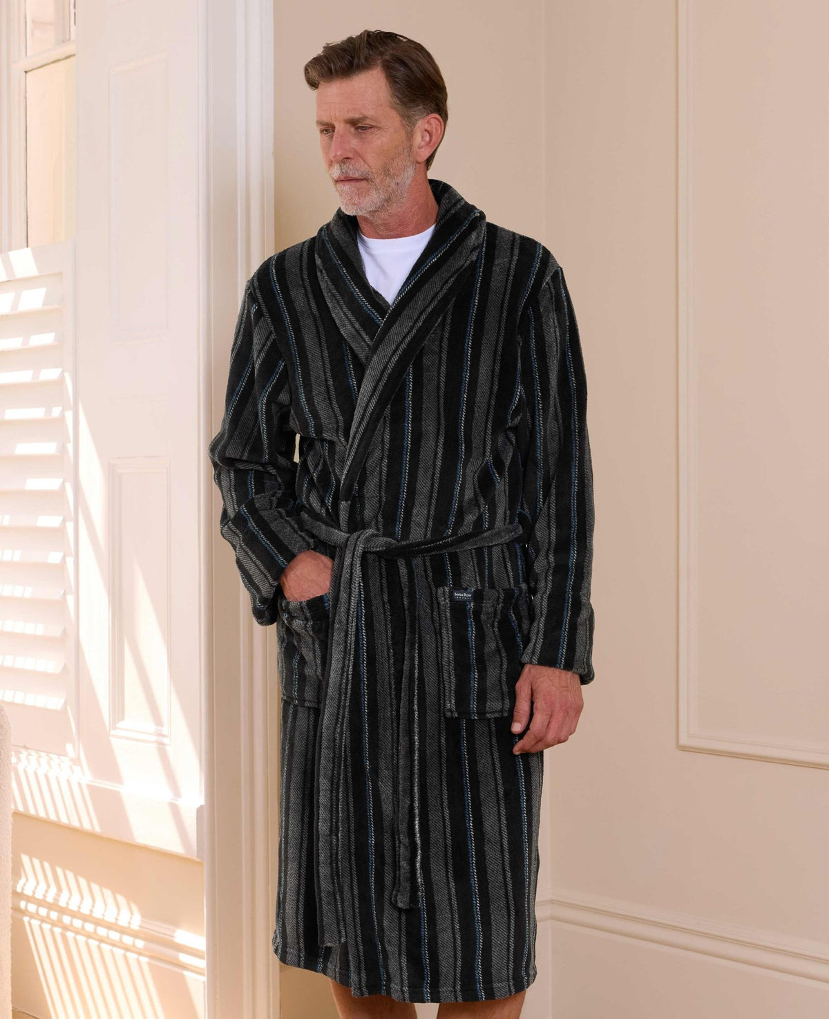 Black Charcoal Blue Stripe Snuggle Fleece Dressing Gown