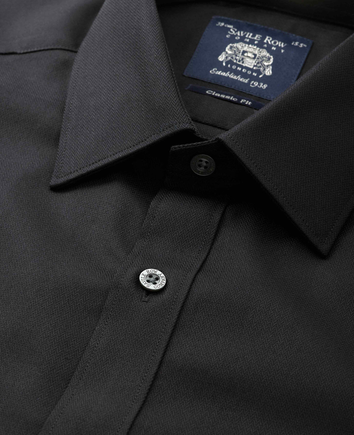 Black Cotton Herringbone Classic Fit Formal Shirt - Double Cuff
